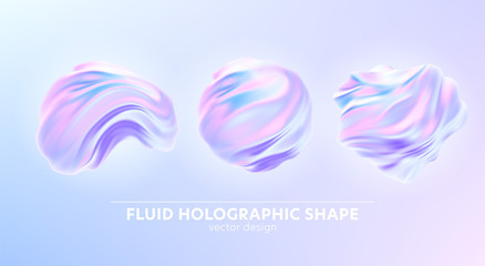 Set of Trendy realistic pattern with holographic 3d shape on blue background for banner design. Fluid shape background. Rainbow background. Fluid holographic pattern. Vector illustration
