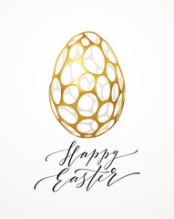 Easter greeting card with an image of an Easter egg in a golden organic realistic 3d grid pattern. Jewelry decoration. Luxury ornament. Vector illustration
