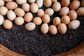 Boiled Eggs on dry tea leaves in a basket, flat lay and copy space for text.