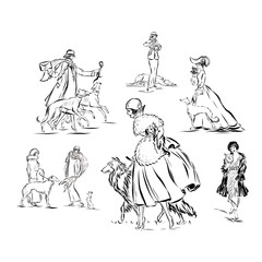 elegant woman in vintage style clothes with a dog, pet, hand drawn graphic vector illustration, texture design for poster, print for clothes, wrapping paper, card. 