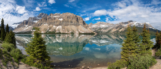 Panoramic view of beautiful Bow Lake in Rocky Mountains, Banff National Park, Canada.