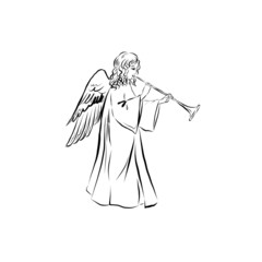 Angel playing trumpet. Graphic vintage linear drawing. Concept for religious holidays - Easter, Christmas. Bible symbol. Illustration for children's books, cards