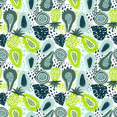 Seamless pattern with creative modern fruits. Hand drawn trendy background. Abstract pattern with papaya pineapple and passion fruit. Template for cards, banners, print fabric, t-shirt.