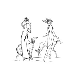 elegant woman in vintage style clothes with a dog, pet, hand drawn graphic vector illustration, texture design for poster, print for clothes, wrapping paper, card. 