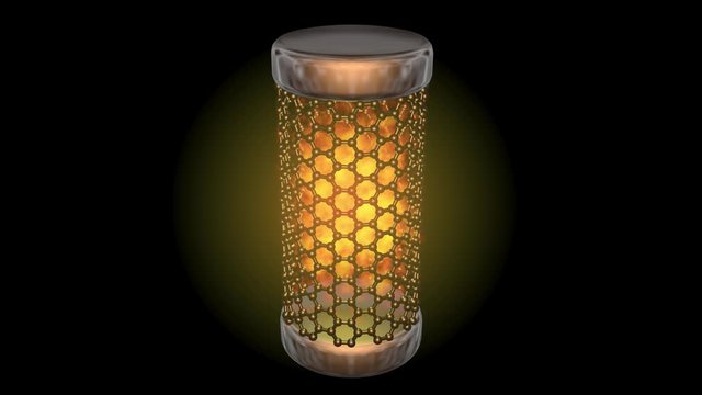 Glowing graphene battery with pulsating central core of energized gas , plasma power.  3d rendering. Seamless looping animation. 