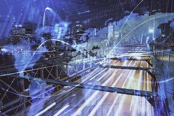 Forex chart on cityscape with tall buildings background multi exposure. Financial research concept.