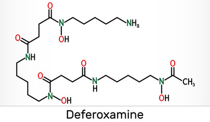 Deferoxamine, desferrioxamine B, DFOA,  C25H48N6O8 molecule. It is an iron chelating agent. Skeletal chemical formula