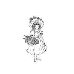 girl in a hat and a vintage dress with a basket of flowers