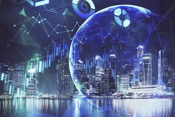 Financial chart on city scape with tall buildings background multi exposure. Analysis concept.