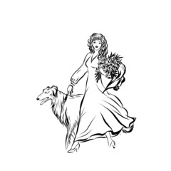 elegant woman in vintage style clothes with a dog, pet, hand drawn graphic vector illustration, texture design for poster, print for clothes, wrapping paper, card. 