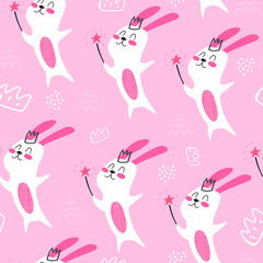Obraz na płótnie Canvas Seamless pattern with cartoon magic bunnies, decor elements on a neutral background. flat style, colorful vector for kids. hand drawing. baby design for fabric, wrapper, print, textile