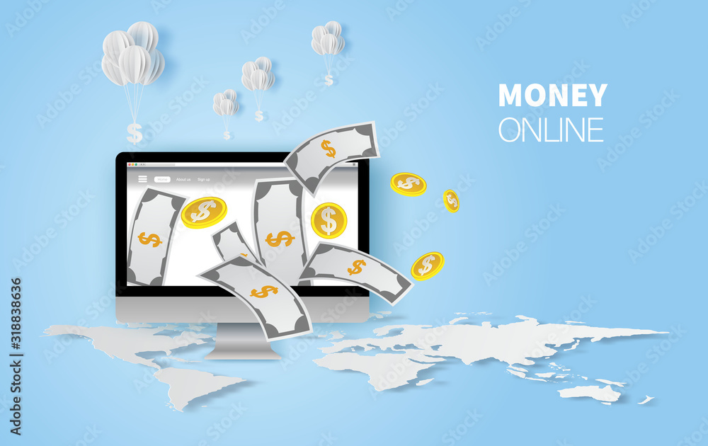 Fototapete Earn Computer money online modern. vector illustration for web banners.Web sites and landing pages and social media. Graphic Element technology payment business concept.Marketing E-commerce finance.