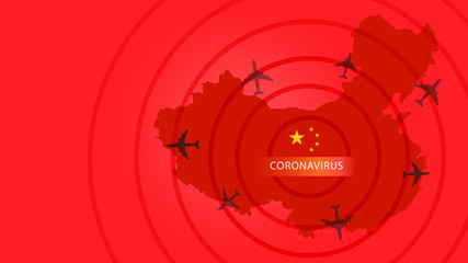 Illustration of coronavirus, China map, flight icon with alert warning icon. Medical health concept.