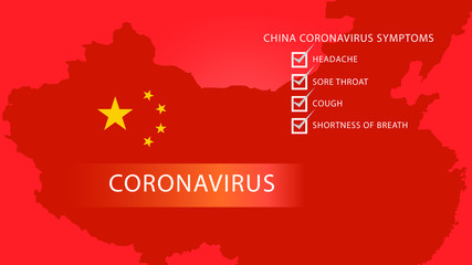Illustration of coronavirus, China map, symptom of disease. Medical health concept.