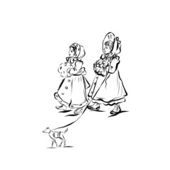 elegant woman in vintage style clothes with a dog, pet, hand drawn graphic vector illustration, texture design for poster, print for clothes, wrapping paper, card. 