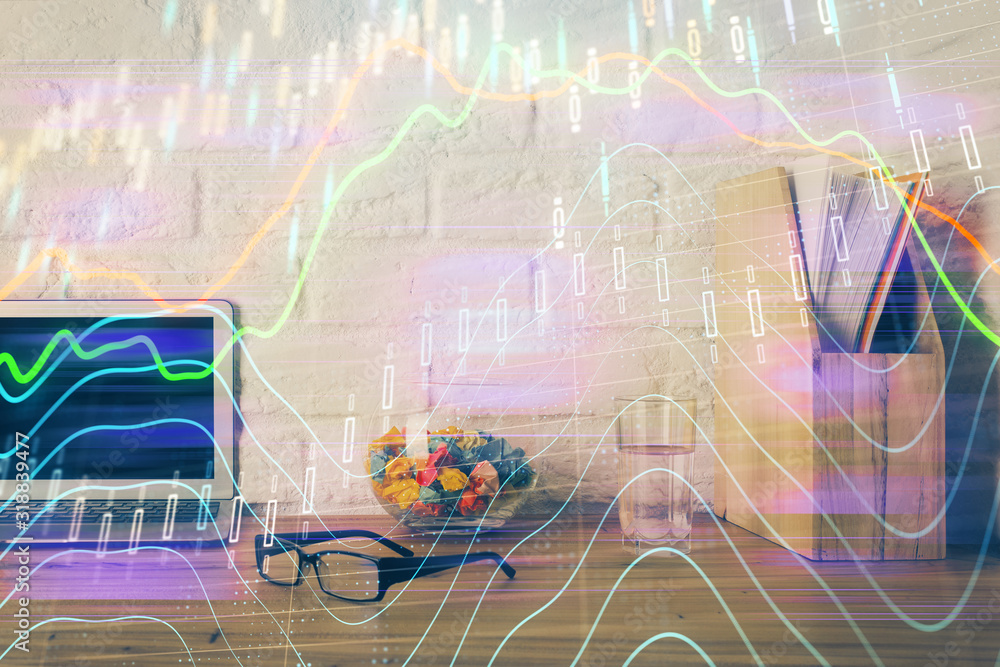 Poster Financial graph colorful drawing and table with computer on background. Double exposure. Concept of international markets.