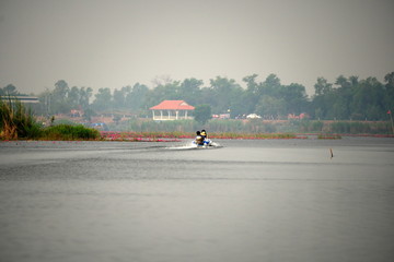 Fototapeta premium Udon Thani,Thailand-January 24, 2020: A boat returning to boatslip at Red Lotus Lake or Talay Bua Daeng in Udon Thani, Thailand