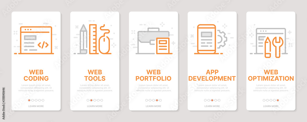 Poster web development related vertical cards. mobile app onboarding screens templates for a website. icons