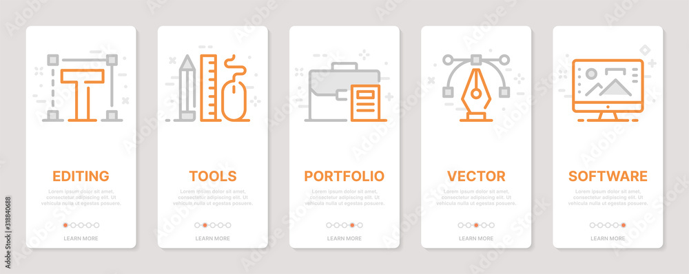 Poster web design related vertical cards. mobile app onboarding screens templates for a website. icons with