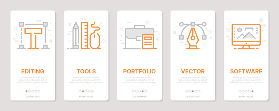 Web design related vertical cards. Mobile app onboarding screens Templates for a website. Icons with editable stroke