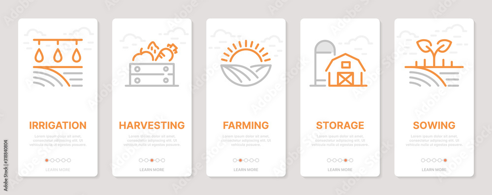 Poster farming realted vertical cards. mobile app onboarding screens templates for a website. icons with ed