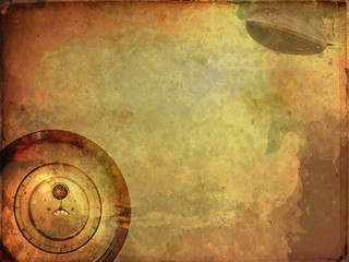 Vintage clock on grunge background, steampunk dark collage.