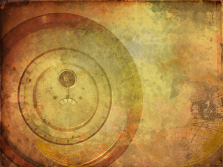 Fototapeta na wymiar Vintage clock on grunge background, steampunk dark collage.