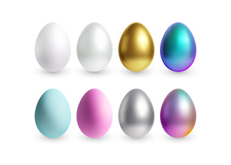 Set of different 3D realistic, shiny, golden, holographic Easter eggs isolated on white background. Vector illustration
