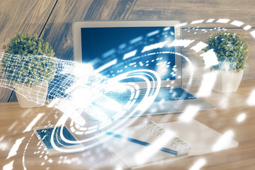 Double exposure of computer and technology theme hud. Concept of innovation.