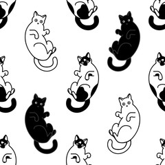 Seamless pattern with cute black and white cats. Texture for wallpapers, stationery, fabric, wrap, web page backgrounds, vector illustration