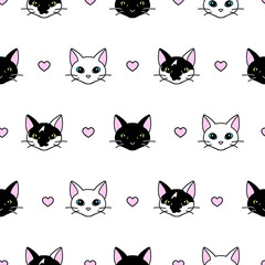 Obraz premium Seamless pattern with cute black and white cat heads. Texture for wallpapers, stationery, fabric, wrap, web page backgrounds, vector illustration