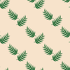 Fototapeta premium Seamless pattern with cozy green branches on light beige background for fabric, textile, clothes, tablecloth, post cards and other things. Endless background for your design. Vector image.