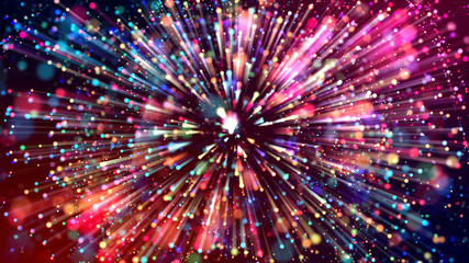 Fototapeta na wymiar 3d abstract beautiful background with light rays colorful glowing particles, depth of field, bokeh. Abstract explosion of multicolored shiny particles or light rays like laser show.