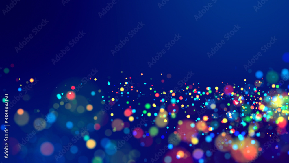 Poster cloud of multicolored particles fly in air slowly or float in liquid like sparkles on dark blue back