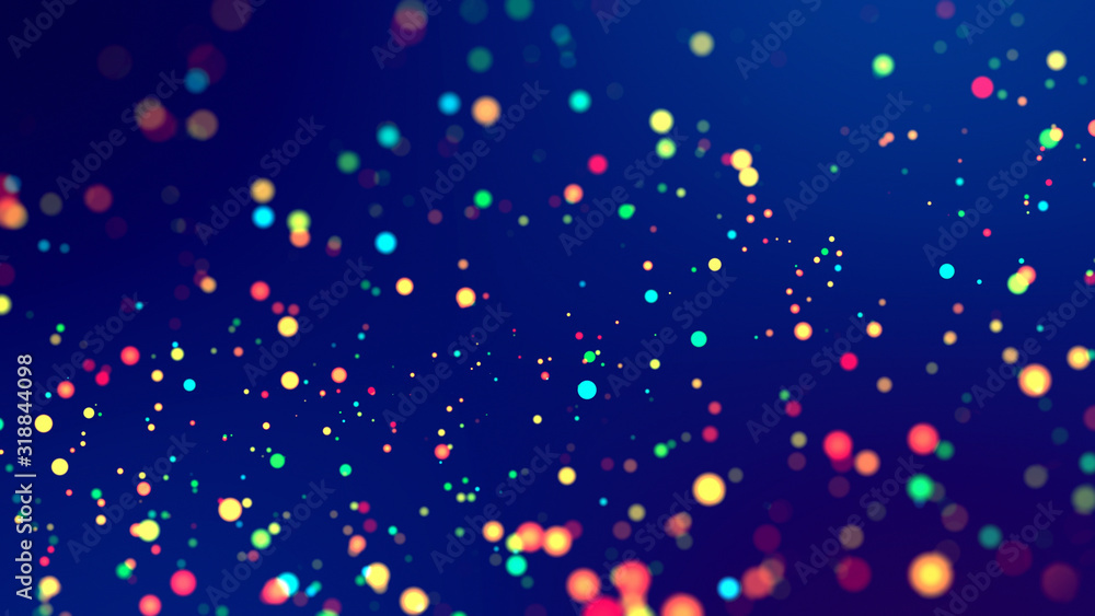 Poster cloud of multicolored particles fly in air slowly or float in liquid like sparkles on dark blue back