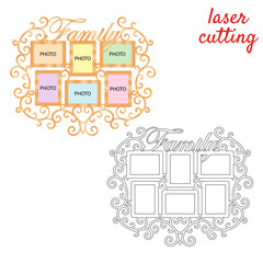 Frame for photos with inscription Family for laser cutting. Collage of photo frames. Template laser cutting machine for wood and metal. The perfect gift for St. Valentine's Day or Wedding day