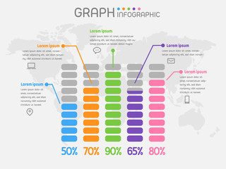 Bar graph color infographic element with world map. Creative business data visualization.