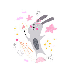 Cartoon magic bunny, stars, decor elements. Cute colorful vector illustration for kids. flat style, hand drawing. baby design for greeting card, poster decoration, t-shirt print