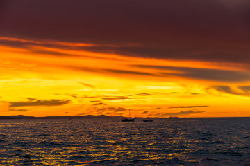Dramatic sky with sunset over the sea, landscape from the beach in Zadar, Dalmatia, Croatia, Europe
