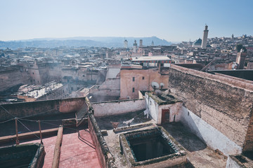 View of Fez City from the roof top terrace. Fes el Bali Medina, Morocco, Africa