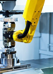 Augmented reality for industry concept. Robotic and Automation system control application on automate robot arm in smart manufacturing background.