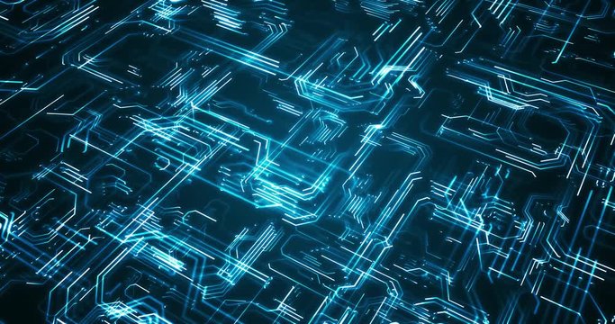 Processor or microchip and electronic signals on motherboard circuit. 3D rendered looping animation.