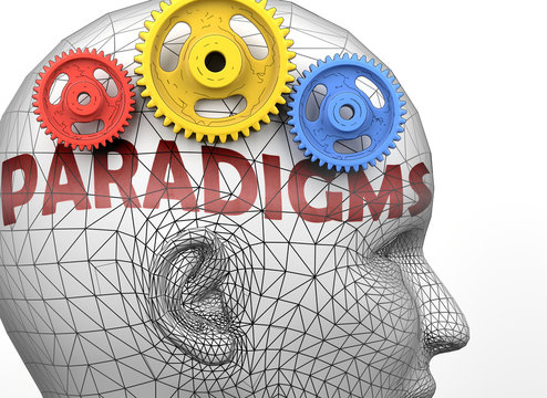 Paradigms and human mind - pictured as word Paradigms inside a head to symbolize relation between Paradigms and the human psyche, 3d illustration