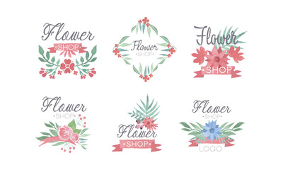 Flower Shop Logo Templates Set, Florist Badges, Emblems, Logotypes in Pastel Colors Vector Illustration