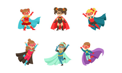 Adorable Kid Superheroes in Various Poses Collection, Cute Little Boys and Girls Wearing Colorful Comics Costumes Vector Illustration