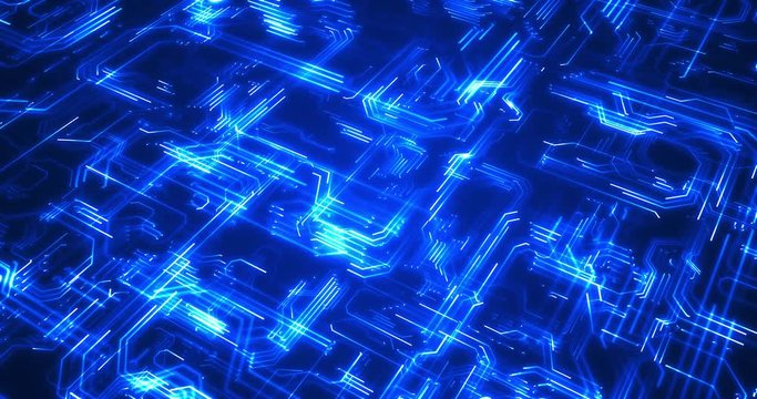 Processor or microchip and electronic signals on motherboard circuit. 3D rendered looping animation.