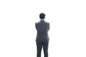 A business man standing with his back on a isolated white background.