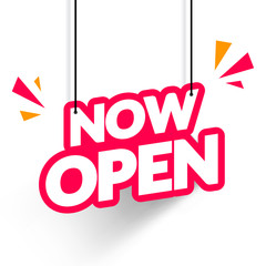 Vector Illustration Hanging Tag Now Open. Modern Web Banner Element