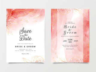 Liquid rose gold wedding invitation card template set with golden outlined floral decoration. Abstract background save the date, invitation, greeting card, cover vector