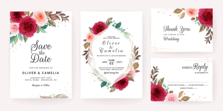 Wedding invitation card template set with geometric floral frame and border. Flowers decoration for save the date, greeting, poster, cover, etc. Botanic illustration vector